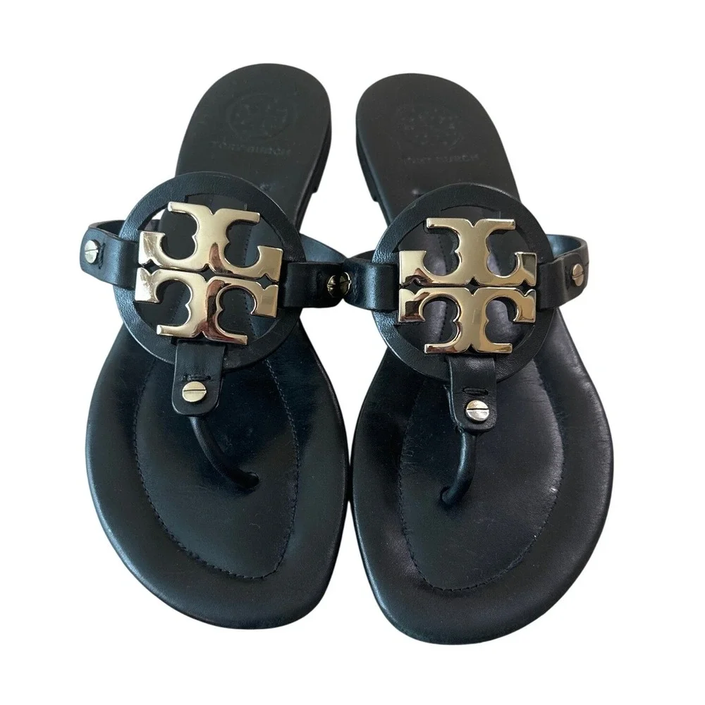 Tory Burch Miller Metal Logo Sandals Perfect Black Gold Leather Size 8